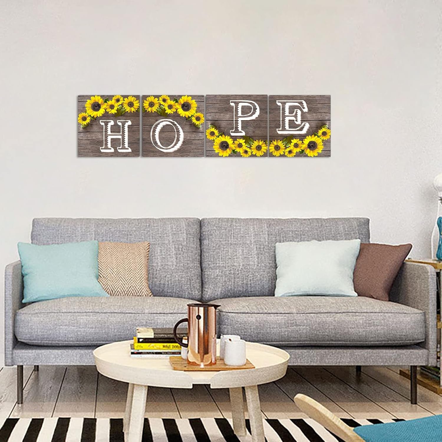 Hope Sign Sunflower Wall Art for Living Room Bathroom Decor Wall Art Set, Kitchen Wall Art Farmhouse Wall Art, 4 Piece Motivational Canvas Wall Art Prints Pictures for Bedroom Wall Decor