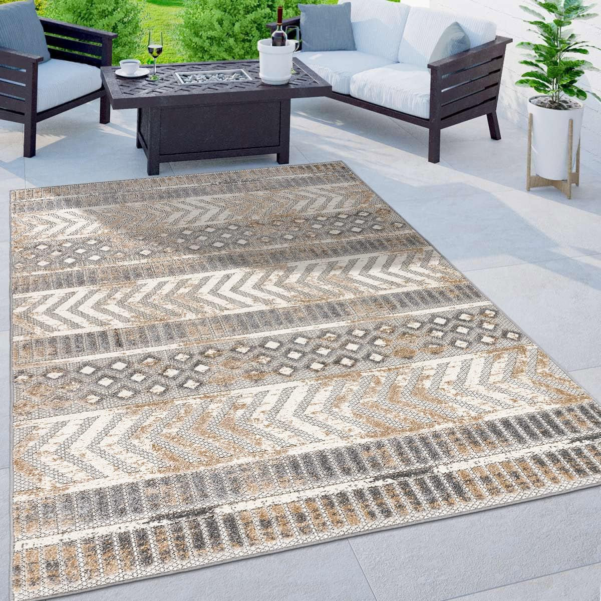 Distressed Geometric Indoor/Outdoor Beige Area Rug Modern Tribal Stripe, Durable Stain Resistant Perfect for Patio, Backyard, Deck and Outdoor Lounge 7'10" X 10'