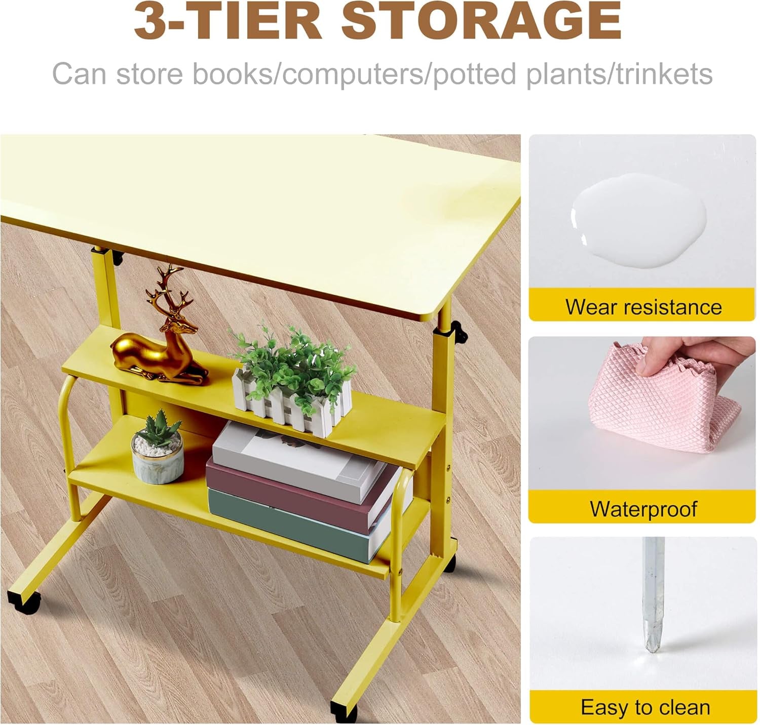 Small Desks for Small Spaces Rolling Adjustable Heigh Desk Portable Desk for Laptop Mobile Bedside Table with Storage Rack Small Spaces Desk Movable Home Office Desk Size 15.7 * 31.5 Inch Pink