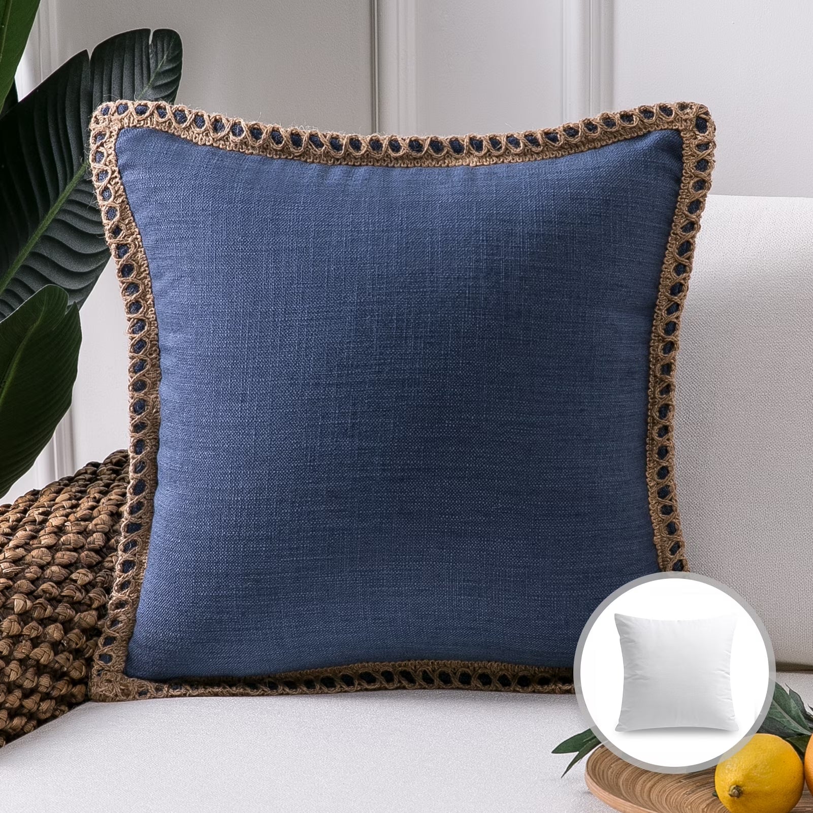 Linen Trimmed Farmhouse Series Decorative Throw Pillow, 20" X 20", Blue, 1 Pack
