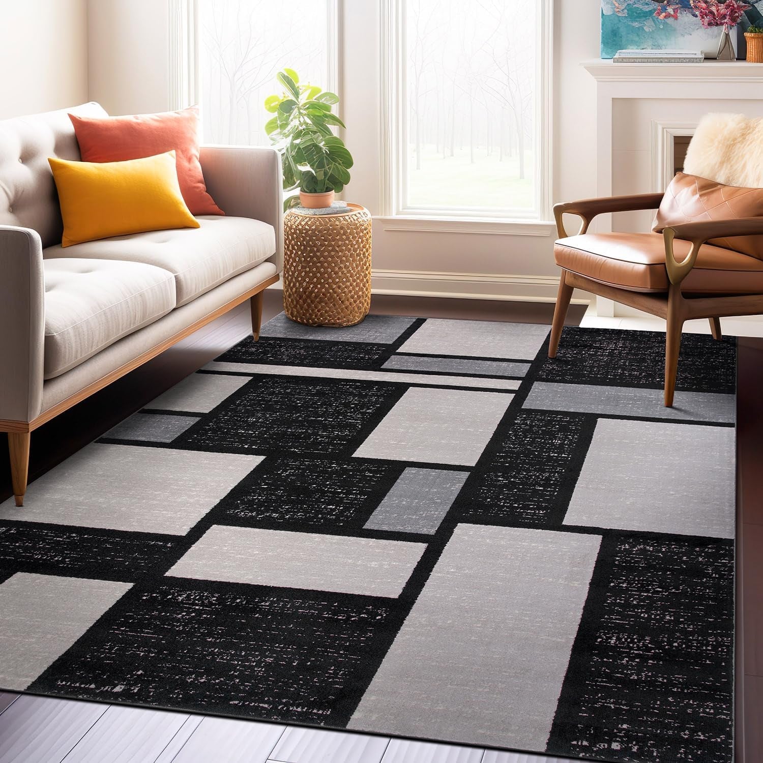 Contemporary Modern Boxes Design Soft Indoor Area Rug 7'10" X 10'2" Gray