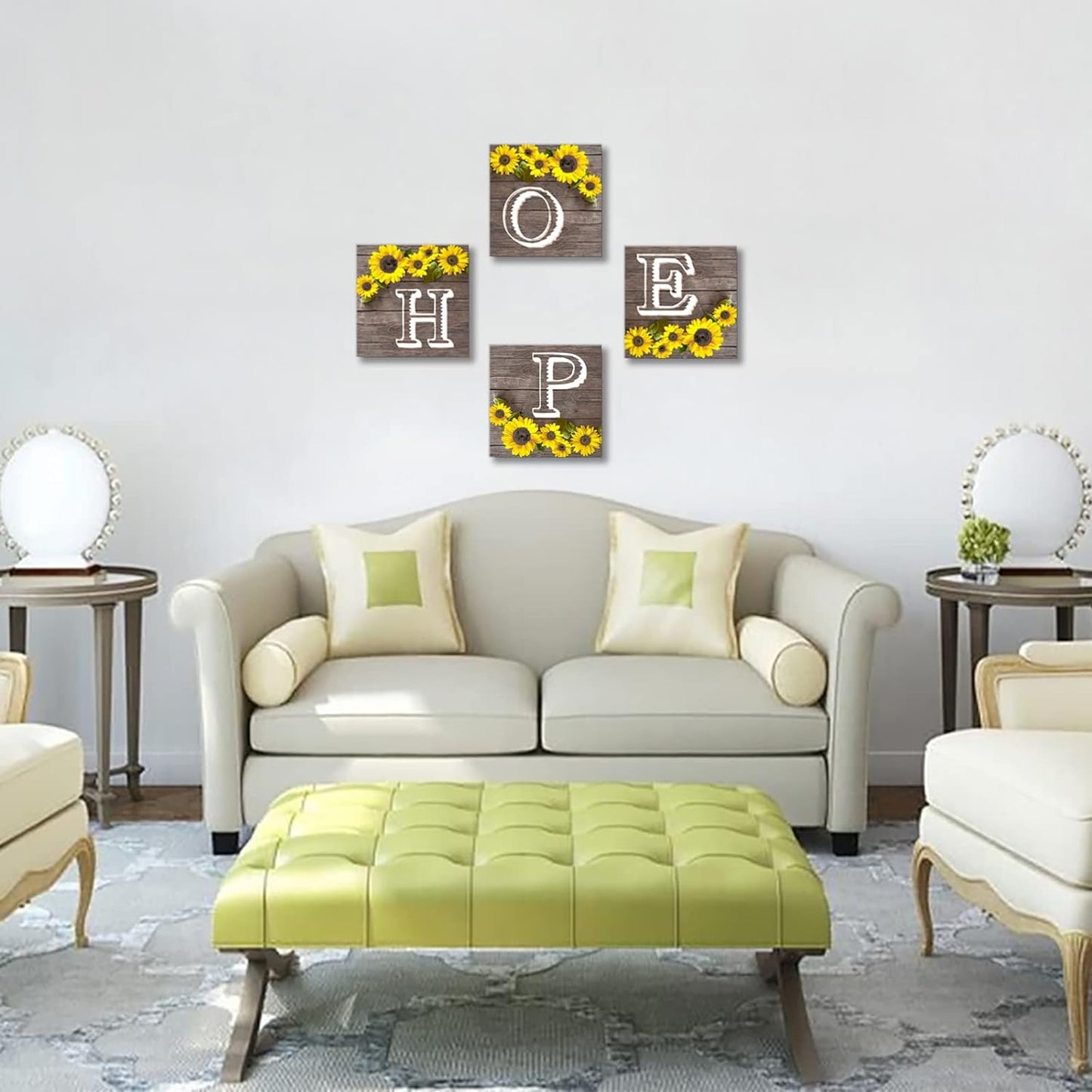 Hope Sign Sunflower Wall Art for Living Room Bathroom Decor Wall Art Set, Kitchen Wall Art Farmhouse Wall Art, 4 Piece Motivational Canvas Wall Art Prints Pictures for Bedroom Wall Decor