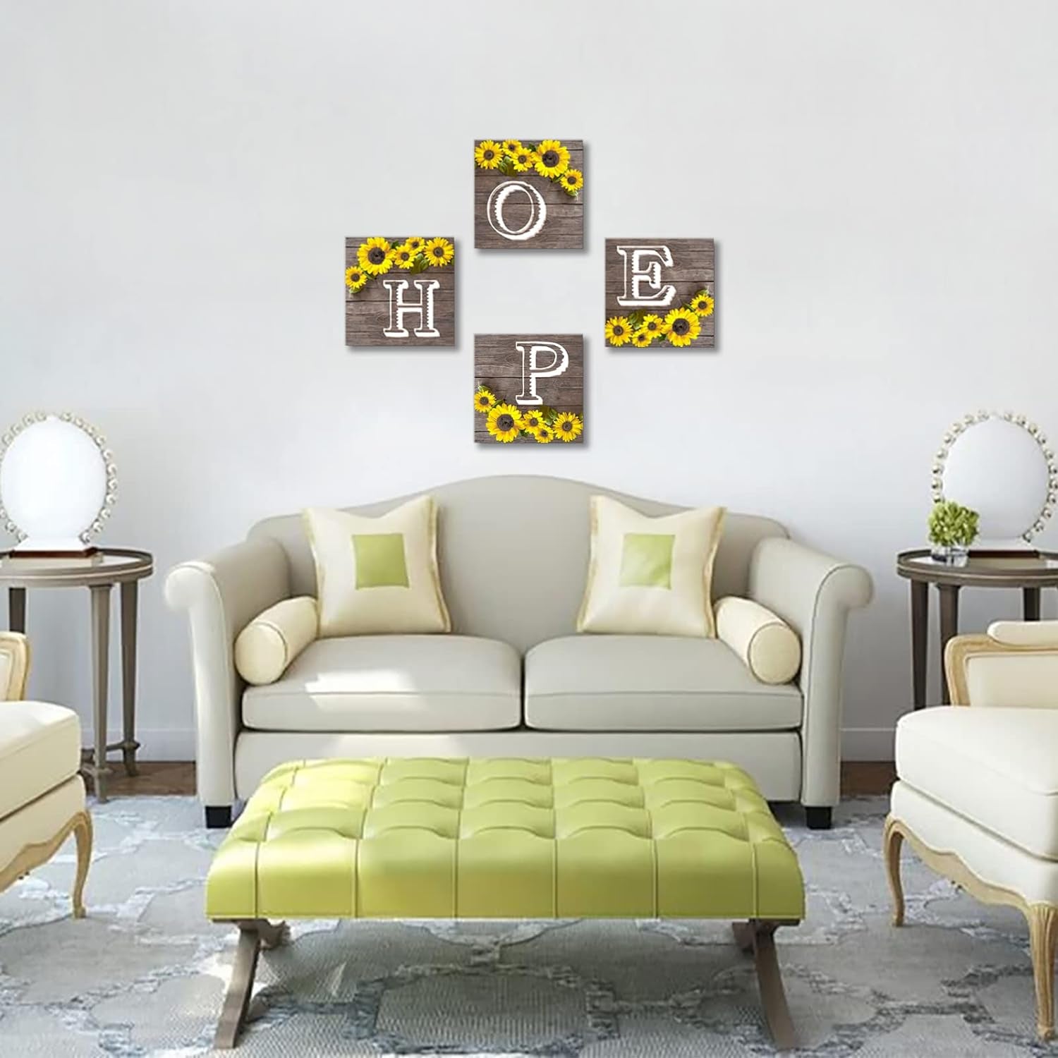 Hope Sign Sunflower Wall Art for Living Room Bathroom Decor Wall Art Set, Kitchen Wall Art Farmhouse Wall Art, 4 Piece Motivational Canvas Wall Art Prints Pictures for Bedroom Wall Decor