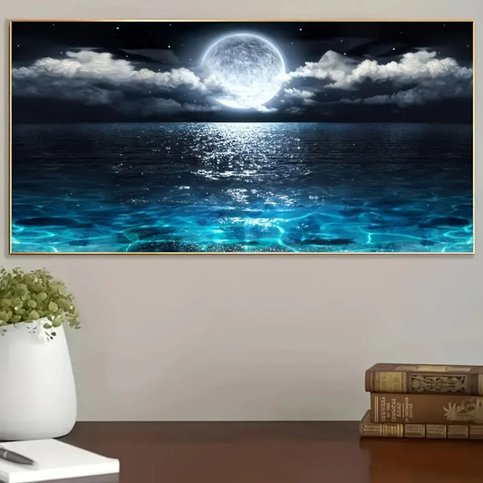 A Frameless Moonlight Ocean Canvas Wall Art, Large Abstract Moonlight Reflection Printing, Modern Home Decoration, Suitable For