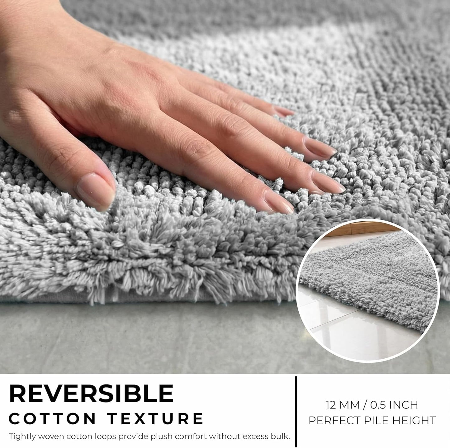 Cotton Reversible Bathmat Rug Set of 2, 21X32/17X24 Inches - Light Grey, Luxury Dual Flip Ultra Soft Washable Bath Rugs Ideal for Hotel Quality, Spa Style, Toilet | Fast Drying Thick Mat for Bathroom