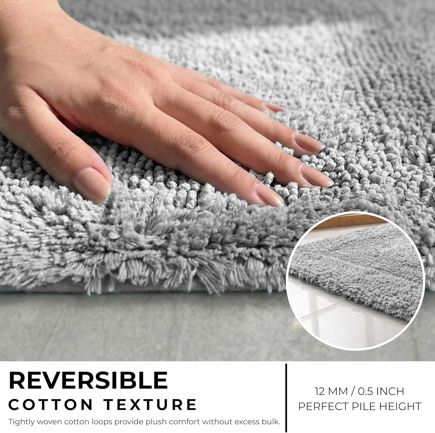 Cotton Reversible Bathmat Rug Set of 2, 21X32/17X24 Inches - Light Grey, Luxury Dual Flip Ultra Soft Washable Bath Rugs Ideal for Hotel Quality, Spa Style, Toilet | Fast Drying Thick Mat for Bathroom