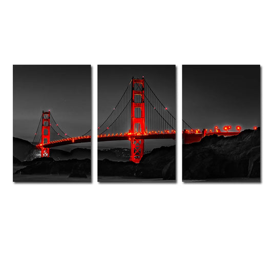 3PCS Frameless Poster Golden Gate Bridge Night Landscape Canvas Painting Wall Art Prints Pictures for Living Room Home Decor