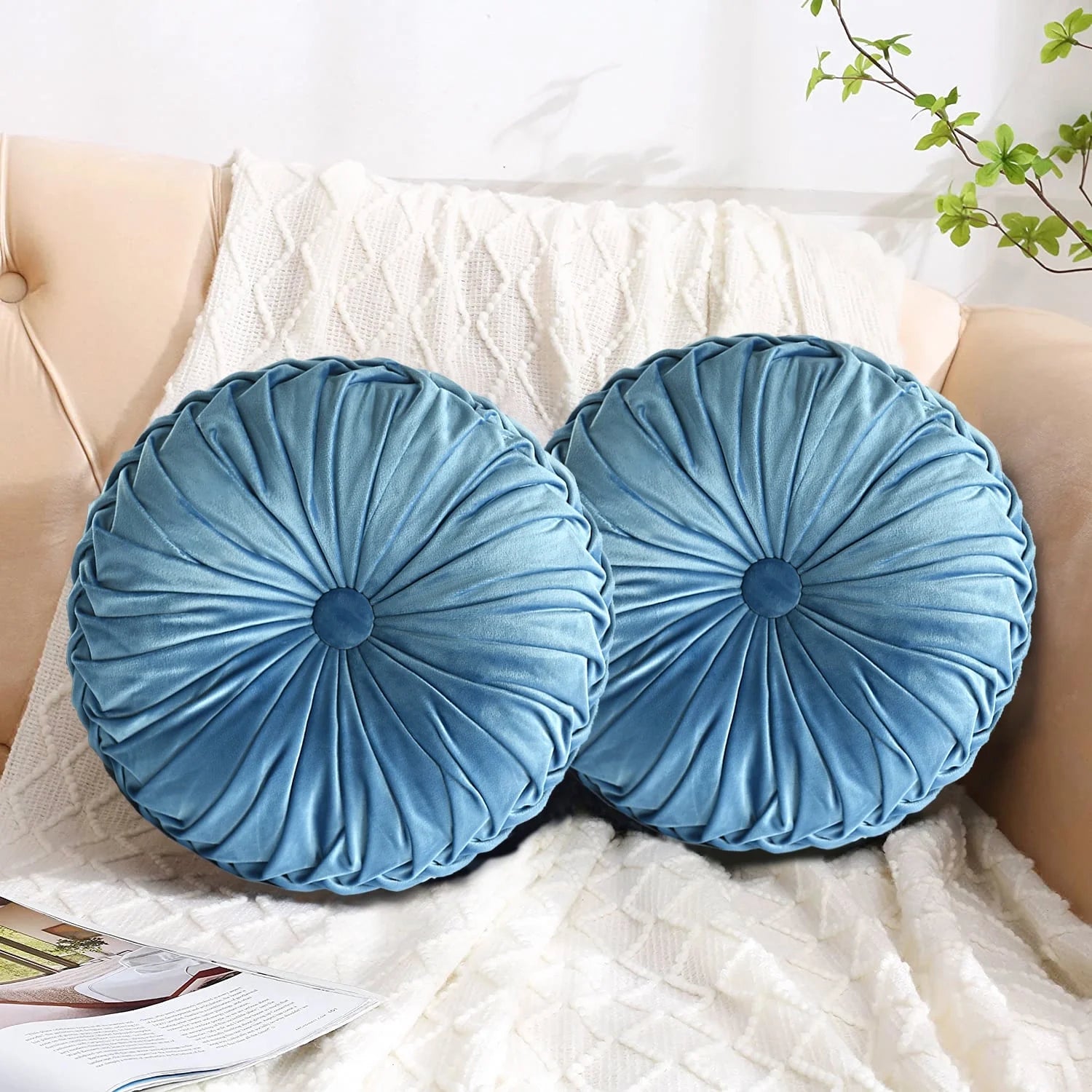 Set of 2 Pumpkin Pleated round Throw Pillows, Soft Velvet, Dusty Blue, 14.5" Diameter