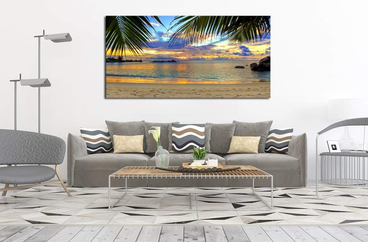 Tropic Beach Sunset Canvas Art - Large Palm Tree Ocean Landscape 29" X 58