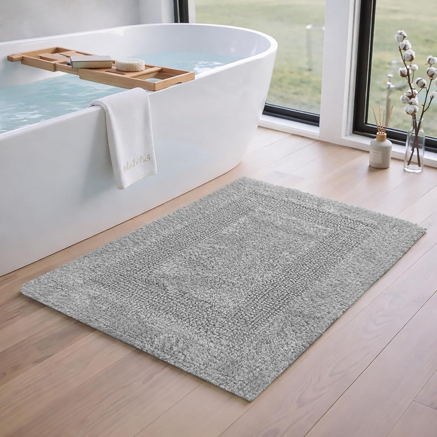 Cotton Reversible Bathmat Rug Set of 2, 21X32/17X24 Inches - Light Grey, Luxury Dual Flip Ultra Soft Washable Bath Rugs Ideal for Hotel Quality, Spa Style, Toilet | Fast Drying Thick Mat for Bathroom