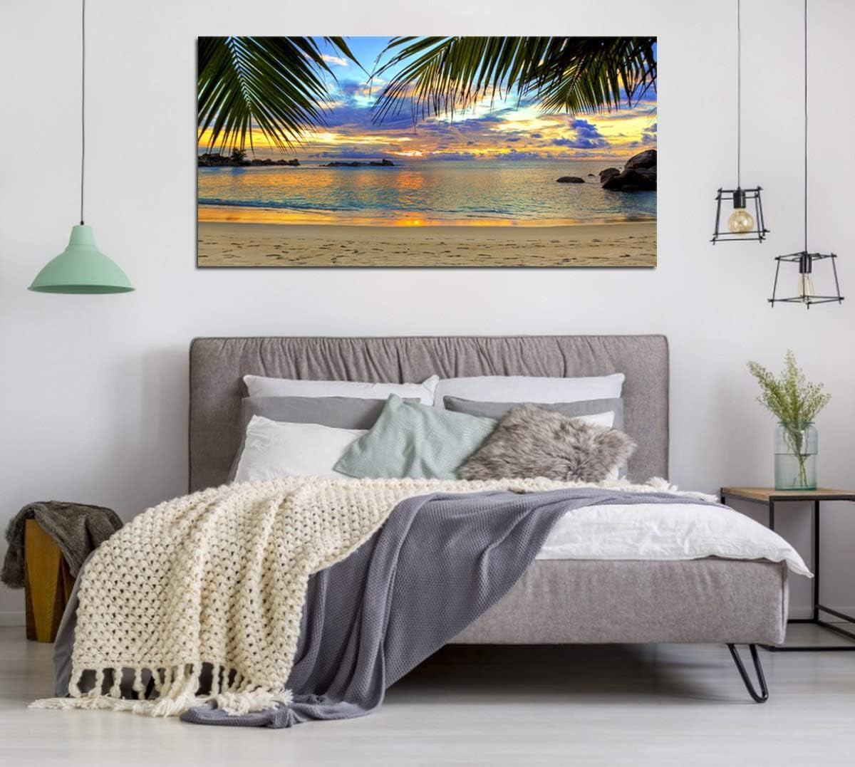 Tropic Beach Sunset Canvas Art - Large Palm Tree Ocean Landscape 29" X 58