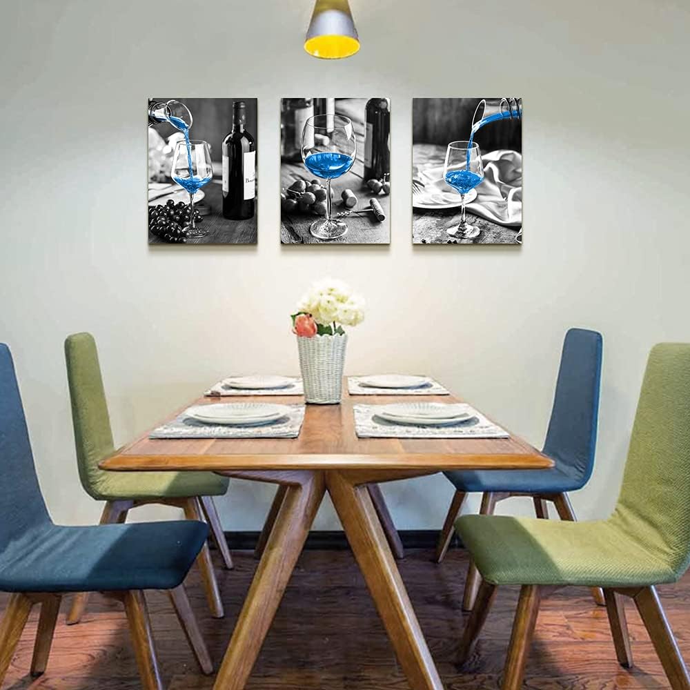 Canvas Wall Art for Kitchen Wall Decor for Dining Room Black and White Wine Glasses Painting Modern Blue Wine Canvas Art Prints Ready to Hang Pictures for Restaurant Home Decorations 12X16 3 Piece