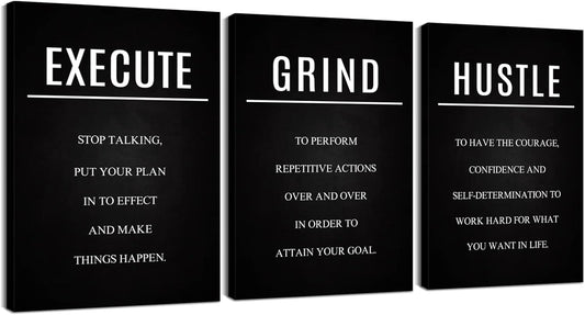 Hustle Grind Execute Wall Art Set - 3 Pieces 16"X24" Motivational Canvas Wall Art with Wooden Frame, Inspirational Quotes Decor for Office & Home Motivational Posters, Office & Gym Decor