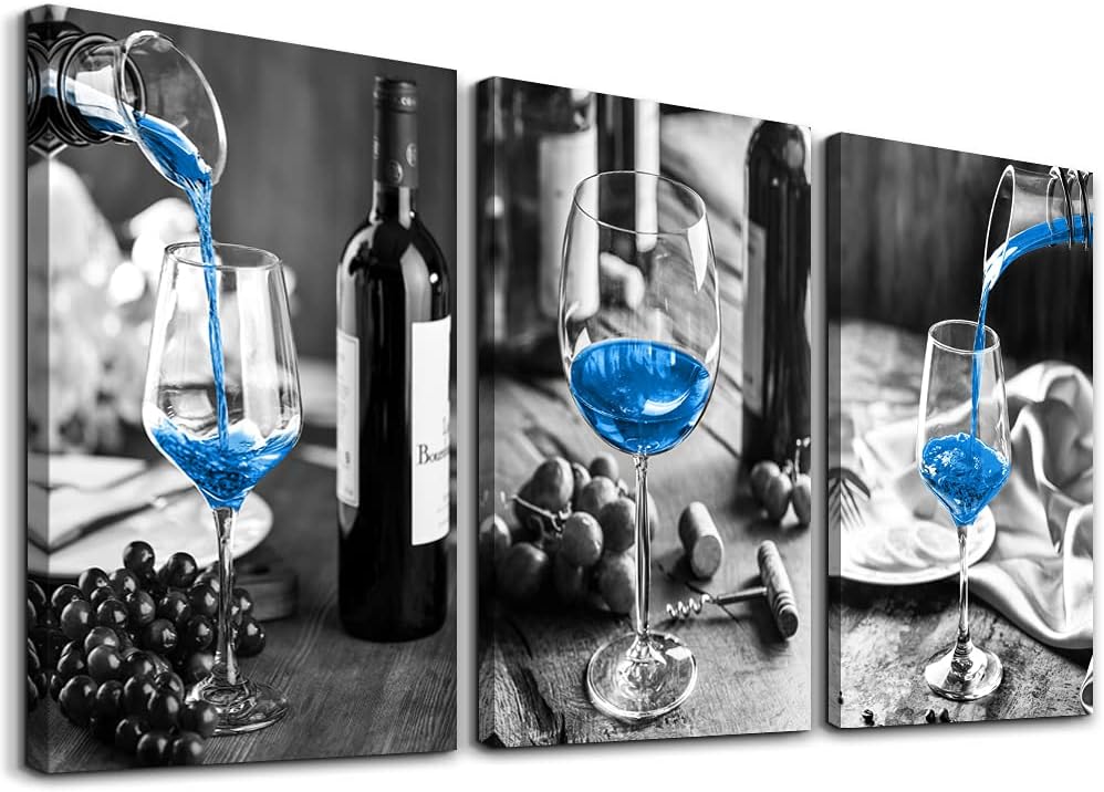 Canvas Wall Art for Kitchen Wall Decor for Dining Room Black and White Wine Glasses Painting Modern Blue Wine Canvas Art Prints Ready to Hang Pictures for Restaurant Home Decorations 12X16 3 Piece