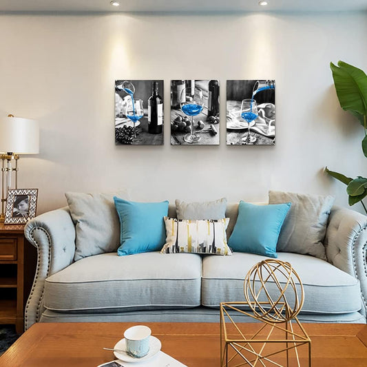 Canvas Wall Art for Kitchen Wall Decor for Dining Room Black and White Wine Glasses Painting Modern Blue Wine Canvas Art Prints Ready to Hang Pictures for Restaurant Home Decorations 12X16 3 Piece