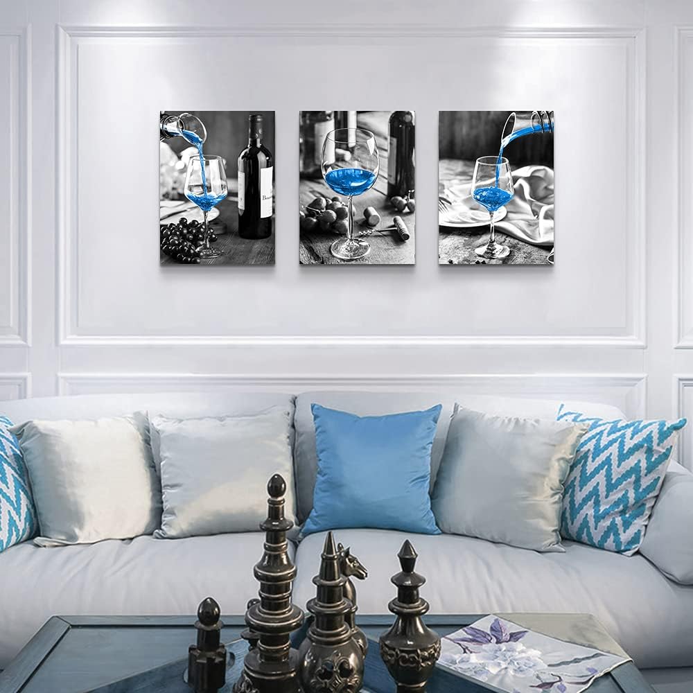 Canvas Wall Art for Kitchen Wall Decor for Dining Room Black and White Wine Glasses Painting Modern Blue Wine Canvas Art Prints Ready to Hang Pictures for Restaurant Home Decorations 12X16 3 Piece