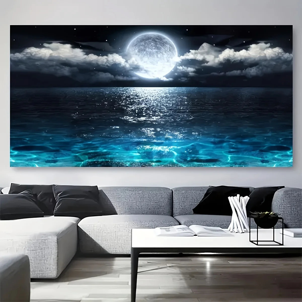 A Frameless Moonlight Ocean Canvas Wall Art, Large Abstract Moonlight Reflection Printing, Modern Home Decoration, Suitable For