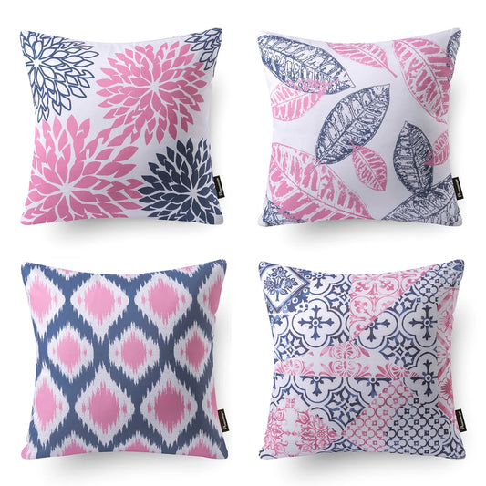 New Living Series Double Side Design Decorative Throw Pillow Cover, 18" X 18", Blue Pink, 4 Set