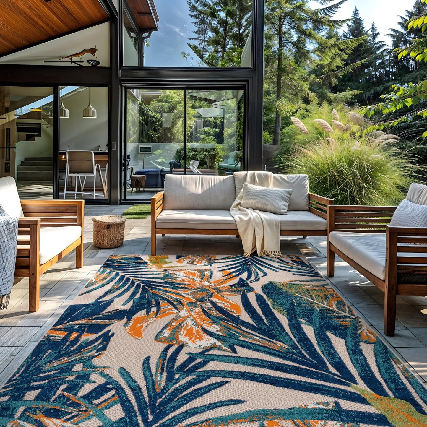 Tropical Floral Leaves Indoor/Outdoor Area Rug Durable Polypropylene, Non-Shedding, Easy to Clean, Perfect for Patio, Backyard, Deck and Outdoor Lounge, High Traffic Areas, 7'10" X 10'