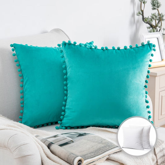 Throw Pillow with Insert，Silky Velvet Series Pom Pom Decorative Pillow, 20" X 20", Turquoise, 2 Pack