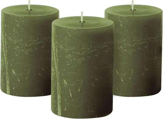 3X4 Inch Dark Moss Green Pillar Candles Set of 3, Rustic Texture, Unscented Green Candles, Dripless Candles, 3 Inch Pillar Candles for Wedding Parties Spas Dinner Home Decoration Church