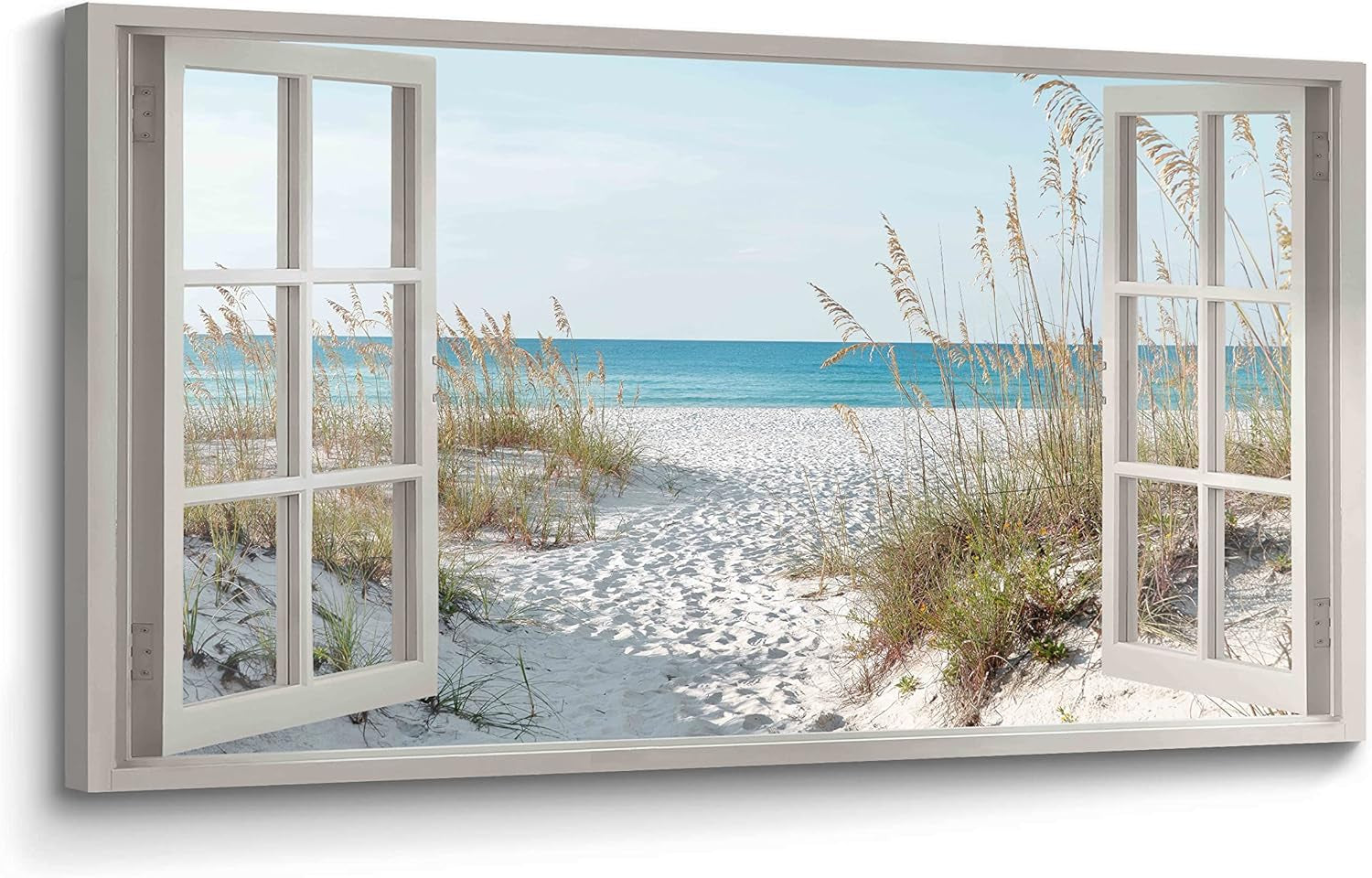 Window Beach Framed Wall Art Canvas Large Tropical Coastal Sea Landscape 48"X24"