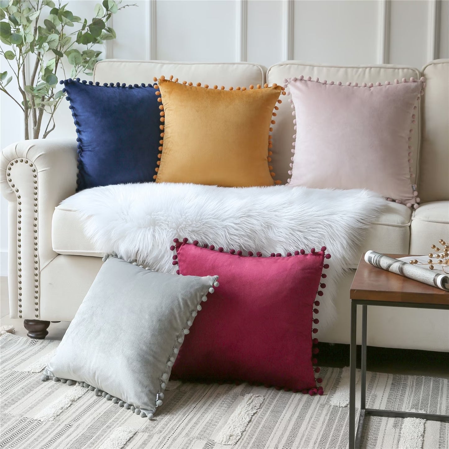 Pom Pom Velvet Series Decorative Throw Pillow, 18" X 18", Orange, 2 Pack