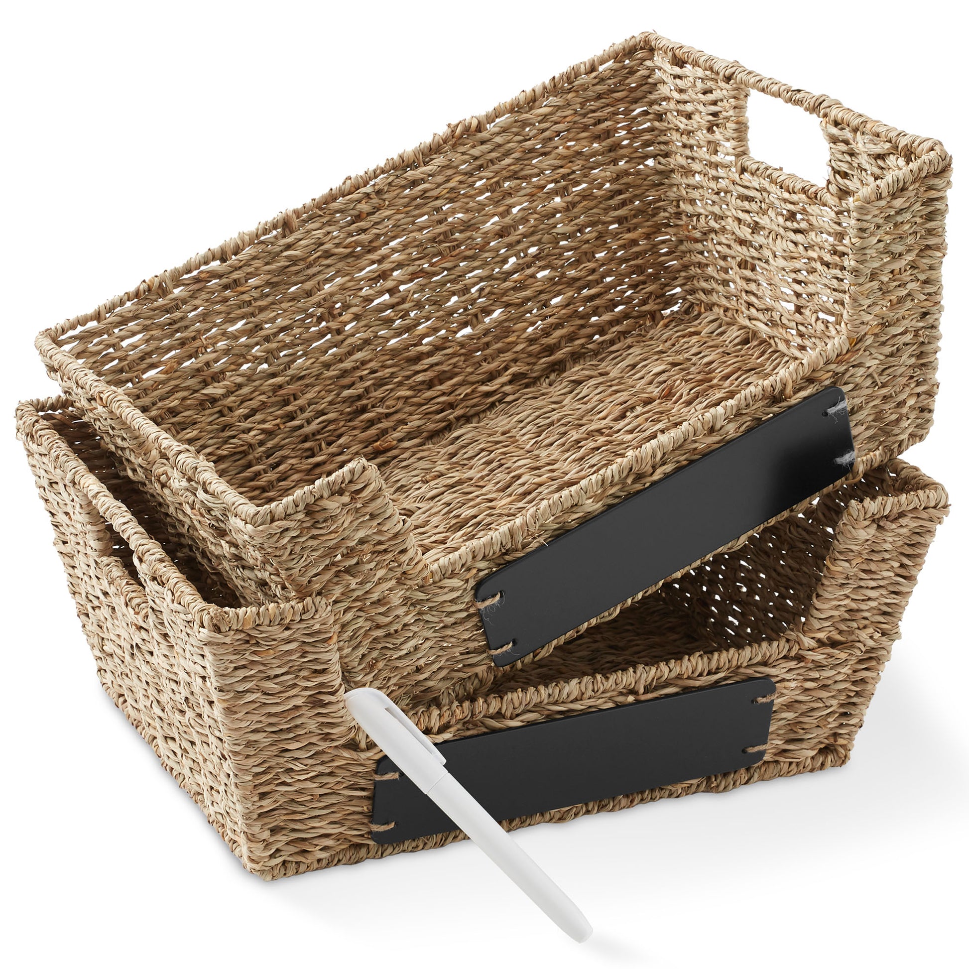 2Pk Wide Pantry Baskets, Wicker Hyacinth Seagrass Kitchen Shelf Storage Bins