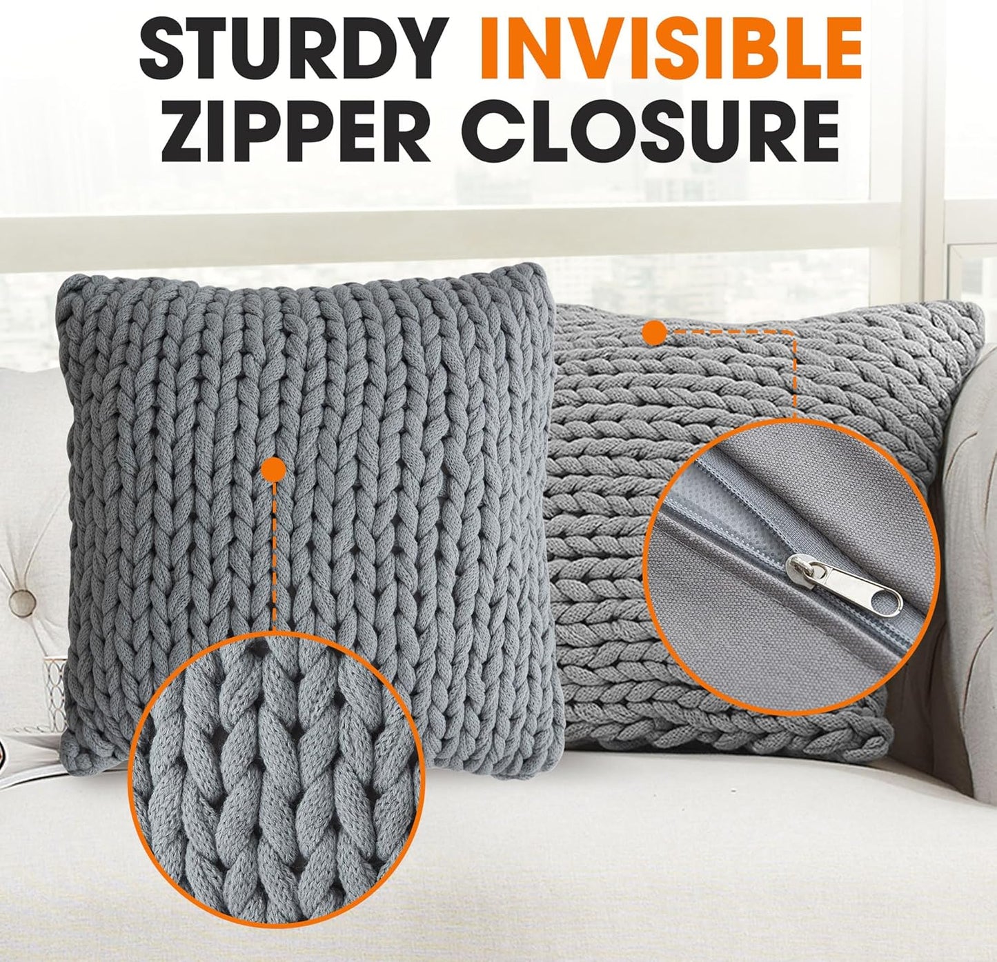 Knit Throw Pillow - Decorative Chunky Knit Pillow for Couch & Bed - Machine Washable - 18" - Gray