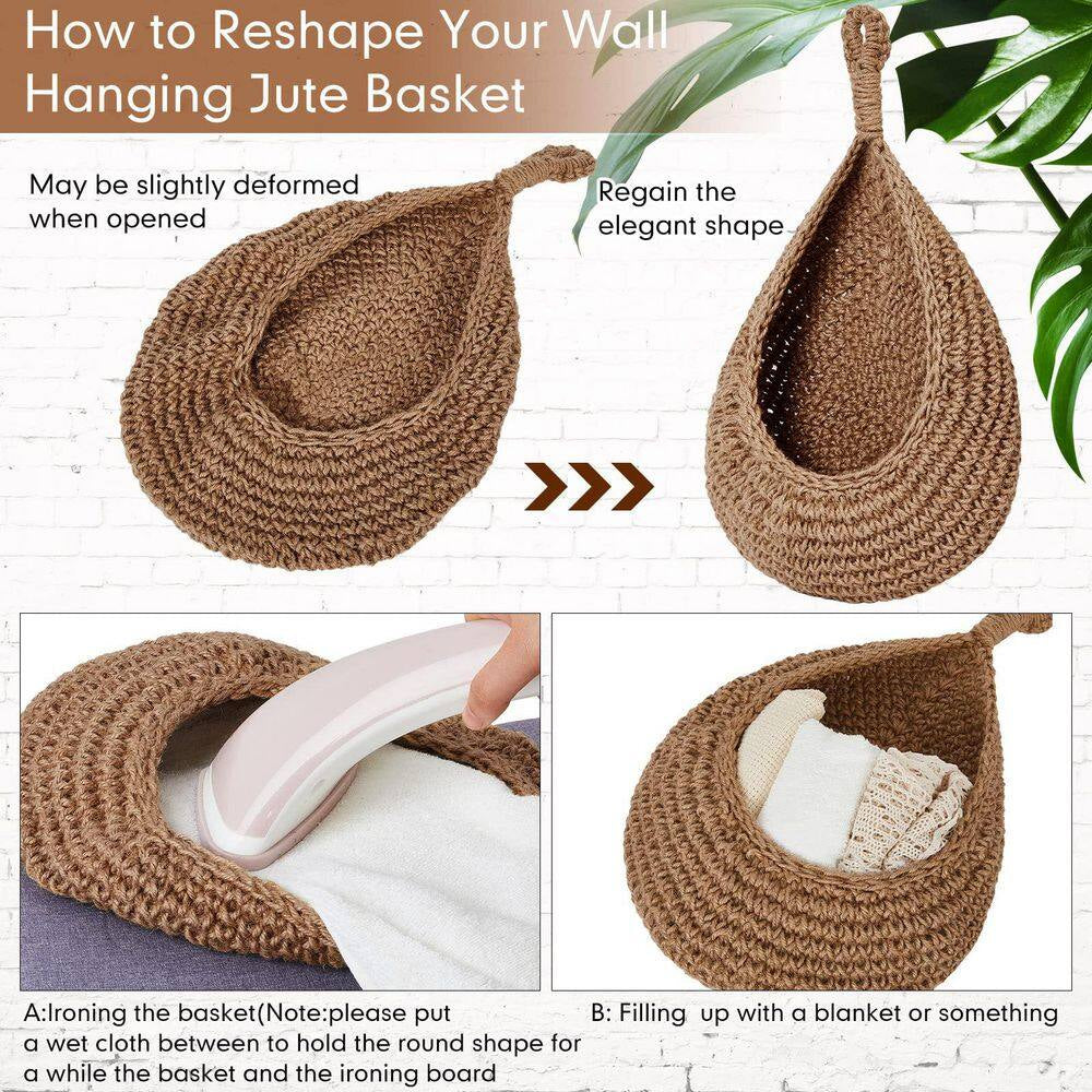 3 Piece Boho Decor Hanging Wall Baskets for Kitchen, Teardrop Storage Baskets with Hooks, Brown Hemp Rope Organizer