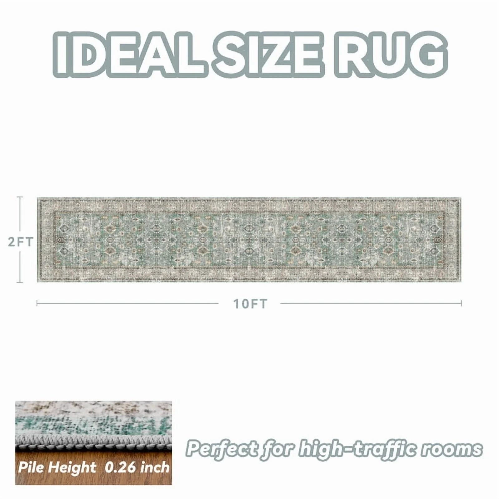 Runner Rugs 2X10 Area Rugs Washable Oriental Carpet Traditional Bedroom Throw Rug Rubber Back Vintage Distressed Neutral Hallway Kitchen Bathroom Rug Green