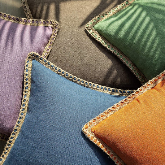 Linen Trimmed Farmhouse Series Decorative Throw Pillow, 20" X 20", Blue, 1 Pack