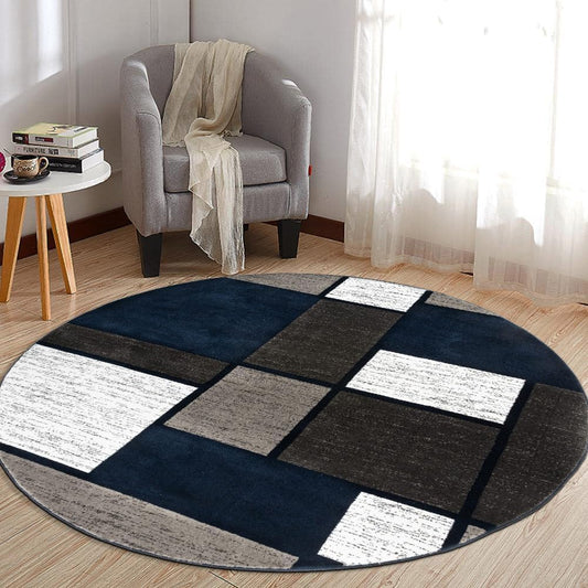 Contemporary Modern Boxes Area Rug 6' 6" Navy (6' 6" Diameter)