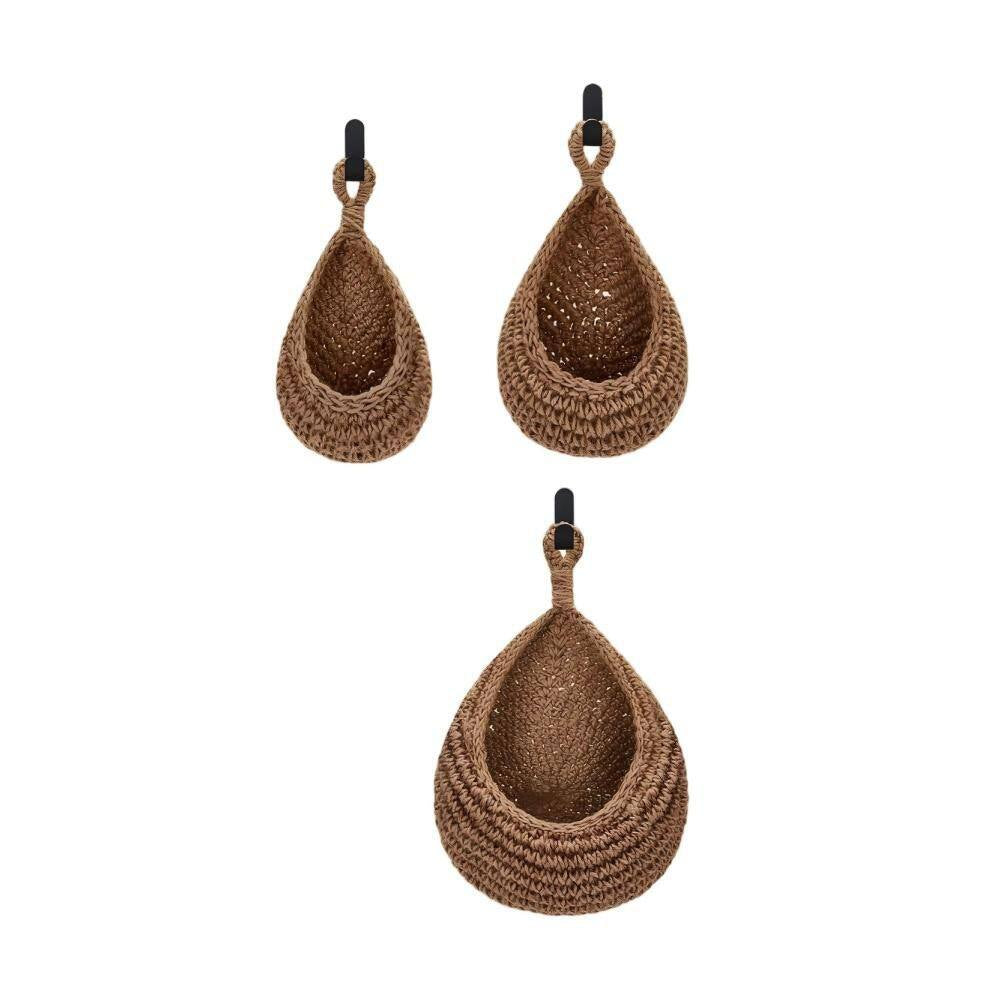3 Piece Boho Decor Hanging Wall Baskets for Kitchen, Teardrop Storage Baskets with Hooks, Brown Hemp Rope Organizer