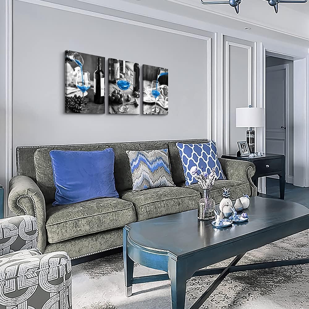 Canvas Wall Art for Kitchen Wall Decor for Dining Room Black and White Wine Glasses Painting Modern Blue Wine Canvas Art Prints Ready to Hang Pictures for Restaurant Home Decorations 12X16 3 Piece