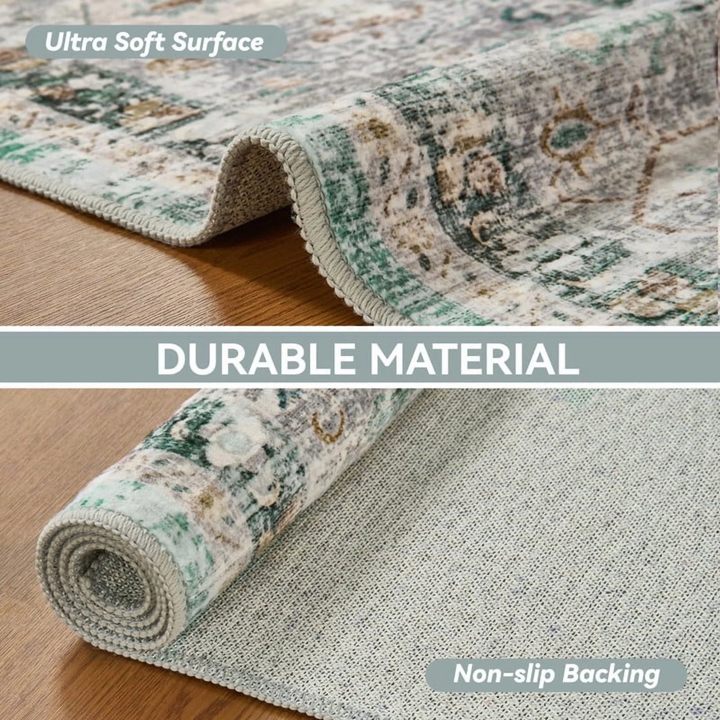 Runner Rugs 2X10 Area Rugs Washable Oriental Carpet Traditional Bedroom Throw Rug Rubber Back Vintage Distressed Neutral Hallway Kitchen Bathroom Rug Green
