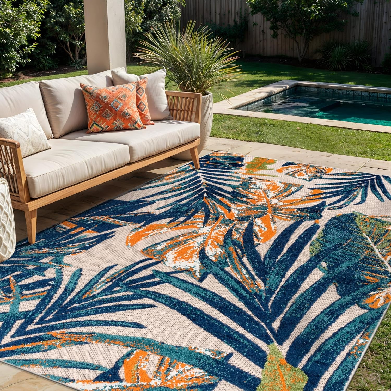 Tropical Floral Leaves Indoor/Outdoor Area Rug Durable Polypropylene, Non-Shedding, Easy to Clean, Perfect for Patio, Backyard, Deck and Outdoor Lounge, High Traffic Areas, 7'10" X 10'