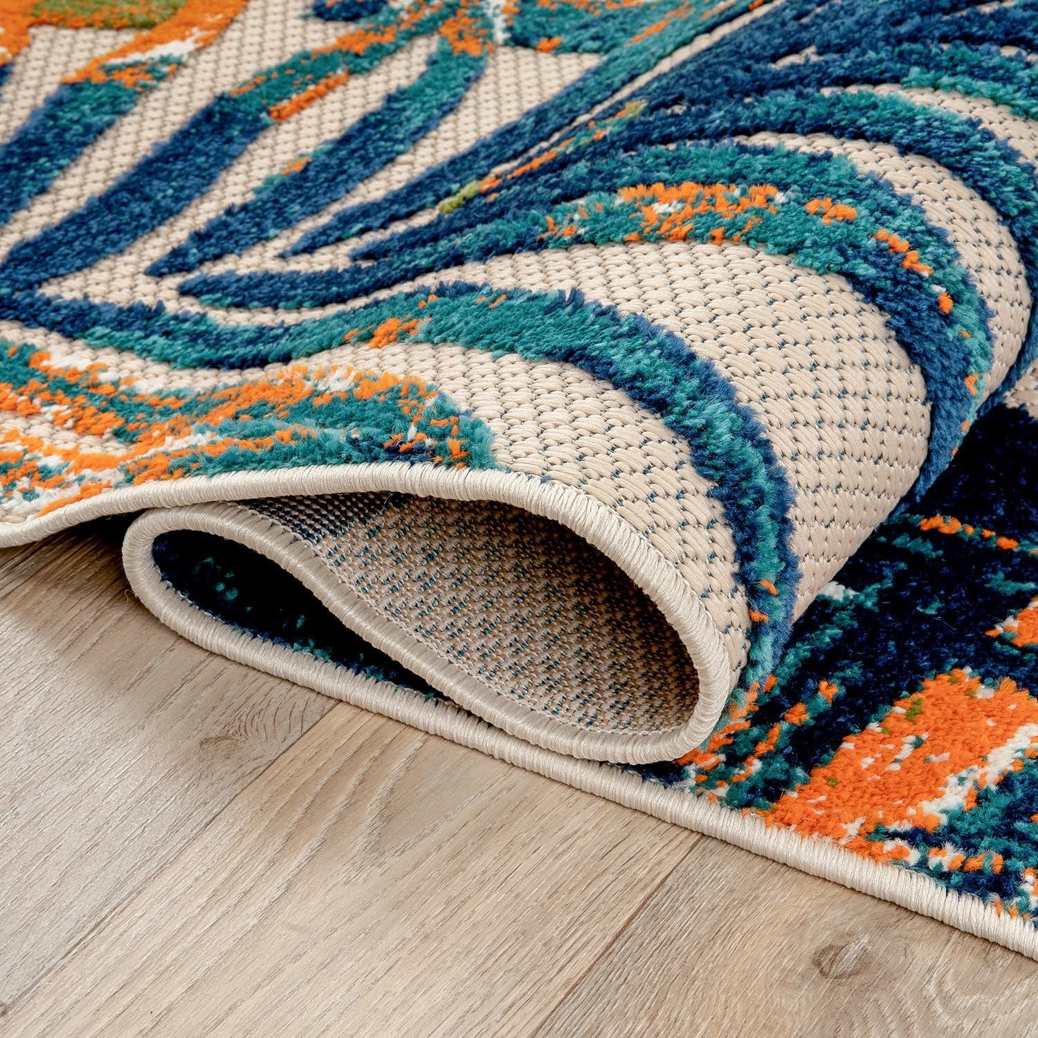 Tropical Floral Leaves Indoor/Outdoor Area Rug Durable Polypropylene, Non-Shedding, Easy to Clean, Perfect for Patio, Backyard, Deck and Outdoor Lounge, High Traffic Areas, 7'10" X 10'