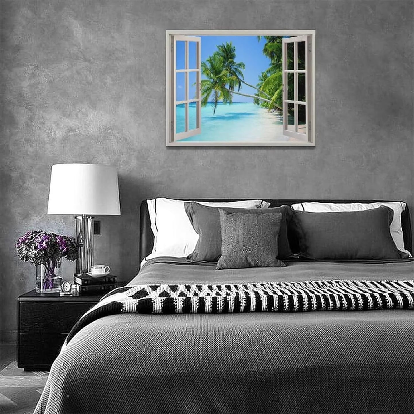 Tropical Palm Beach Wall Art Coastal Ocean Bathroom Pictures Wall Decor 3D Window Canvas Prints Framed Modern Seascape Landscape Painting Artwork for Living Room Hotel Kitchen Offic 16"X12"
