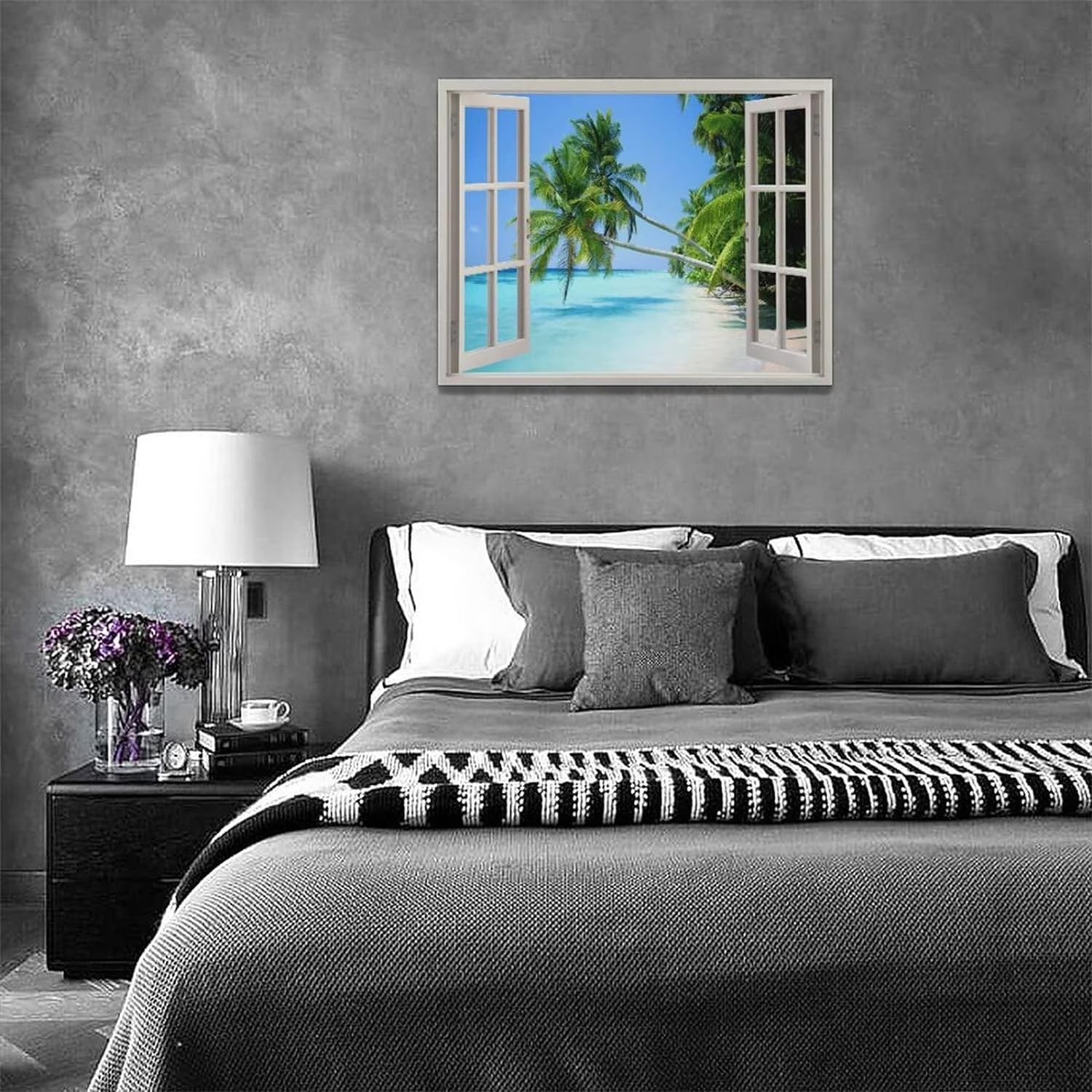 Tropical Palm Beach Wall Art Coastal Ocean Bathroom Pictures Wall Decor 3D Window Canvas Prints Framed Modern Seascape Landscape Painting Artwork for Living Room Hotel Kitchen Offic 16"X12"