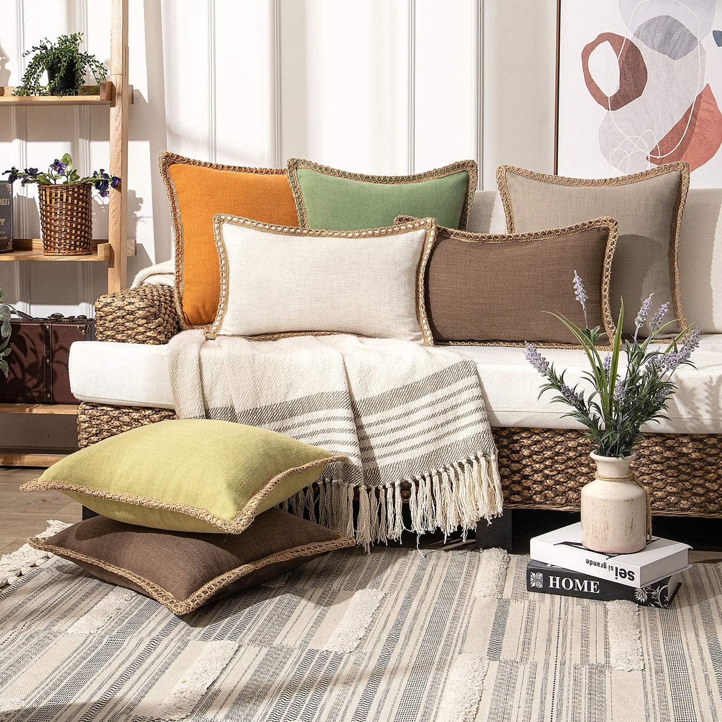 Linen Trimmed Farmhouse Series Decorative Throw Pillow, 20" X 20", Brown, 1 Pack