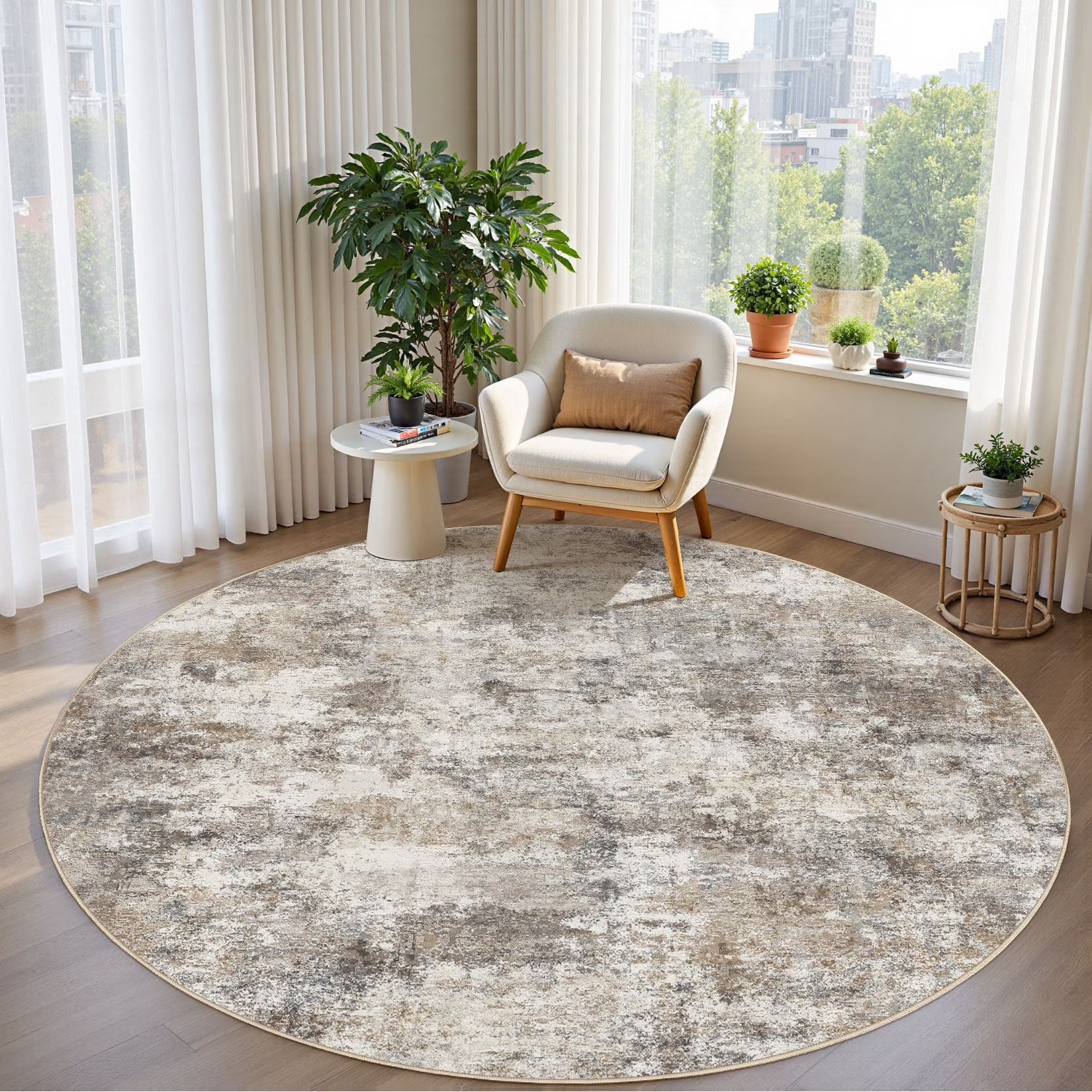 5'X5' round Washable Area Rugs for Living Room, Modern Abstract Printed Rug, Vacuum-Friendly, Non Slip Indoor Rug for Bedroom Entryway Home Decor Carpet, Gold Brown