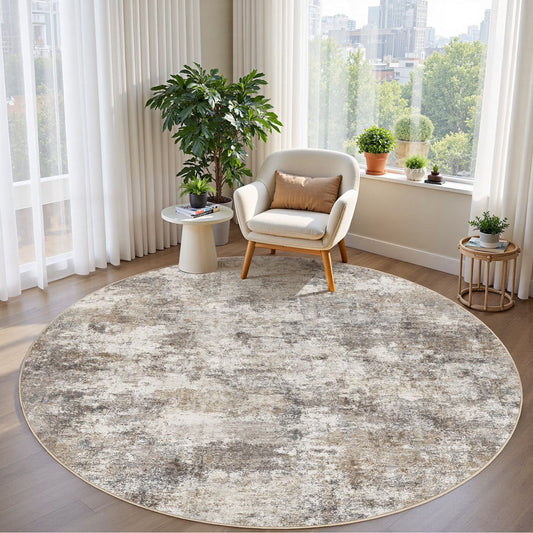 5'X5' round Washable Area Rugs for Living Room, Modern Abstract Printed Rug, Vacuum-Friendly, Non Slip Indoor Rug for Bedroom Entryway Home Decor Carpet, Gold Brown