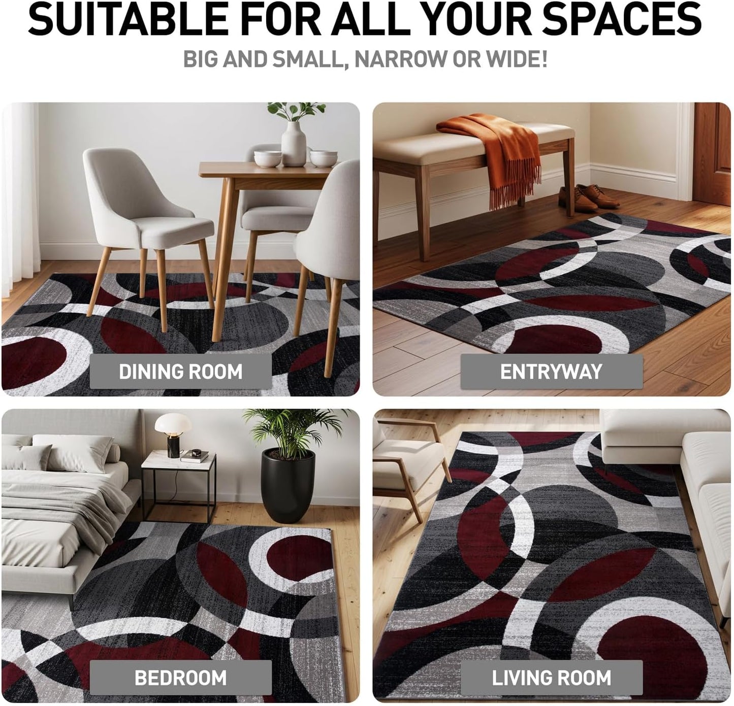 Red Modern Geometric Indoor Area Rug, Overlapping Circle Pattern, Fade Resistant, Non-Shedding, for Living Room, Bedroom and Home Office, 5'3" X 7'3"
