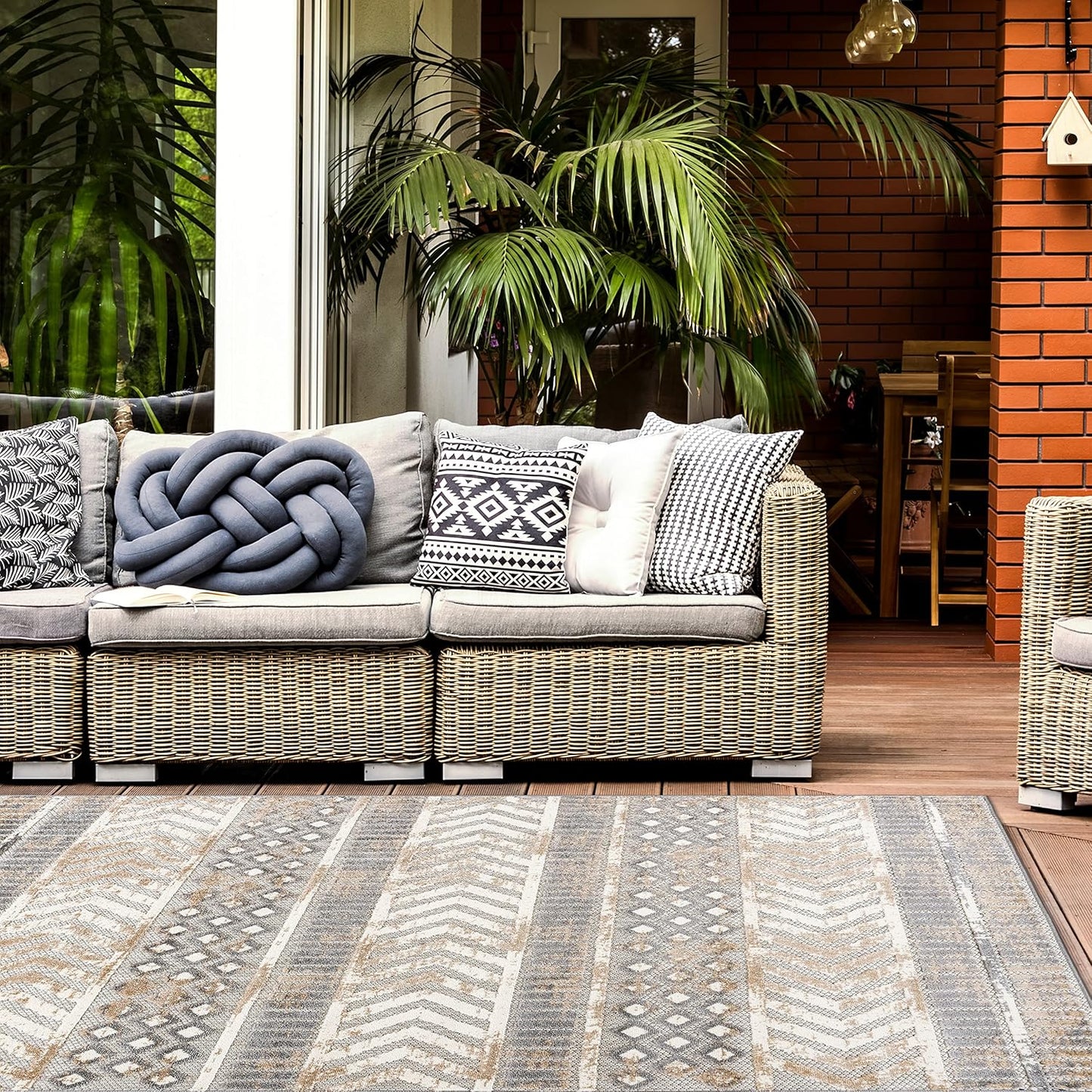 Distressed Geometric Indoor/Outdoor Beige Area Rug Modern Tribal Stripe, Durable Stain Resistant Perfect for Patio, Backyard, Deck and Outdoor Lounge 7'10" X 10'