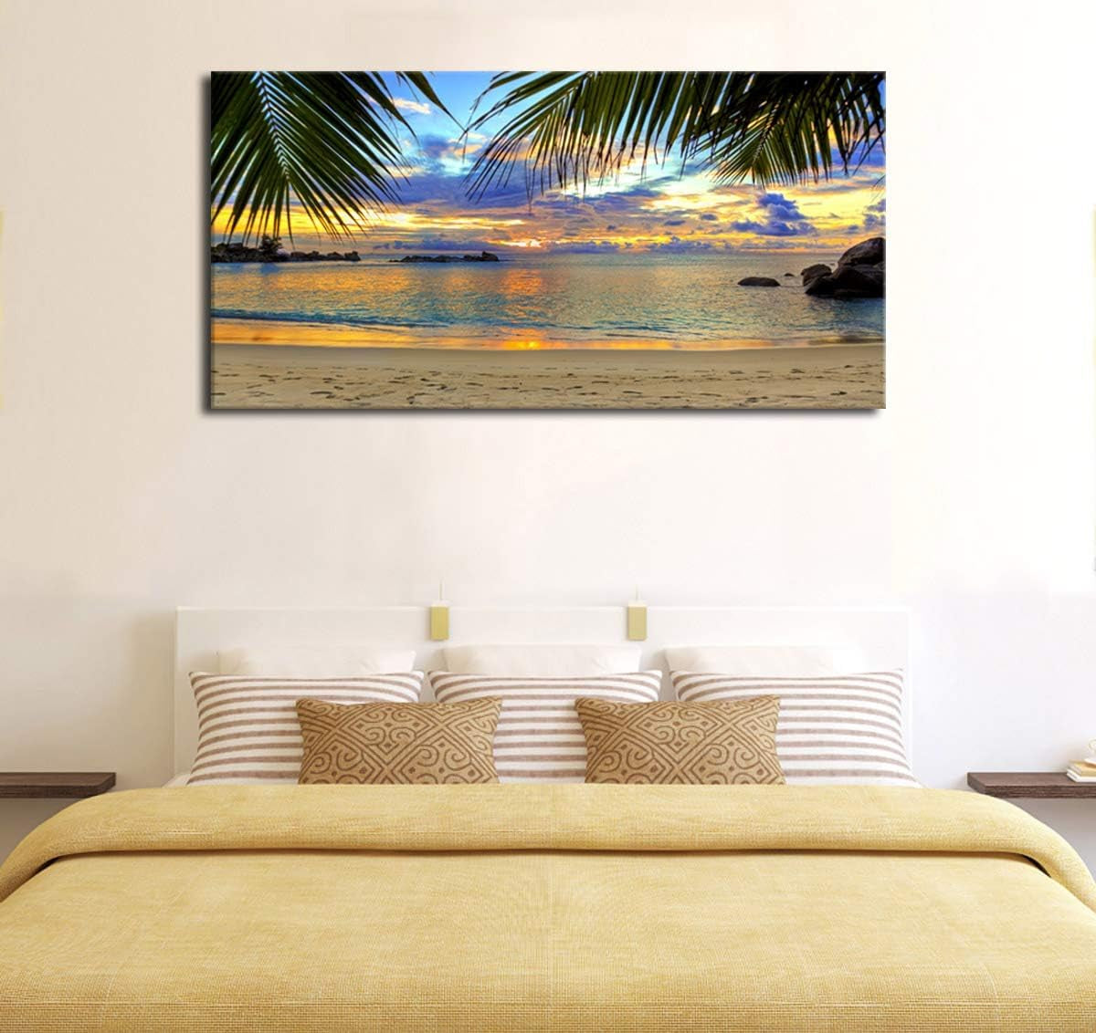 Tropic Beach Sunset Canvas Art - Large Palm Tree Ocean Landscape 29" X 58