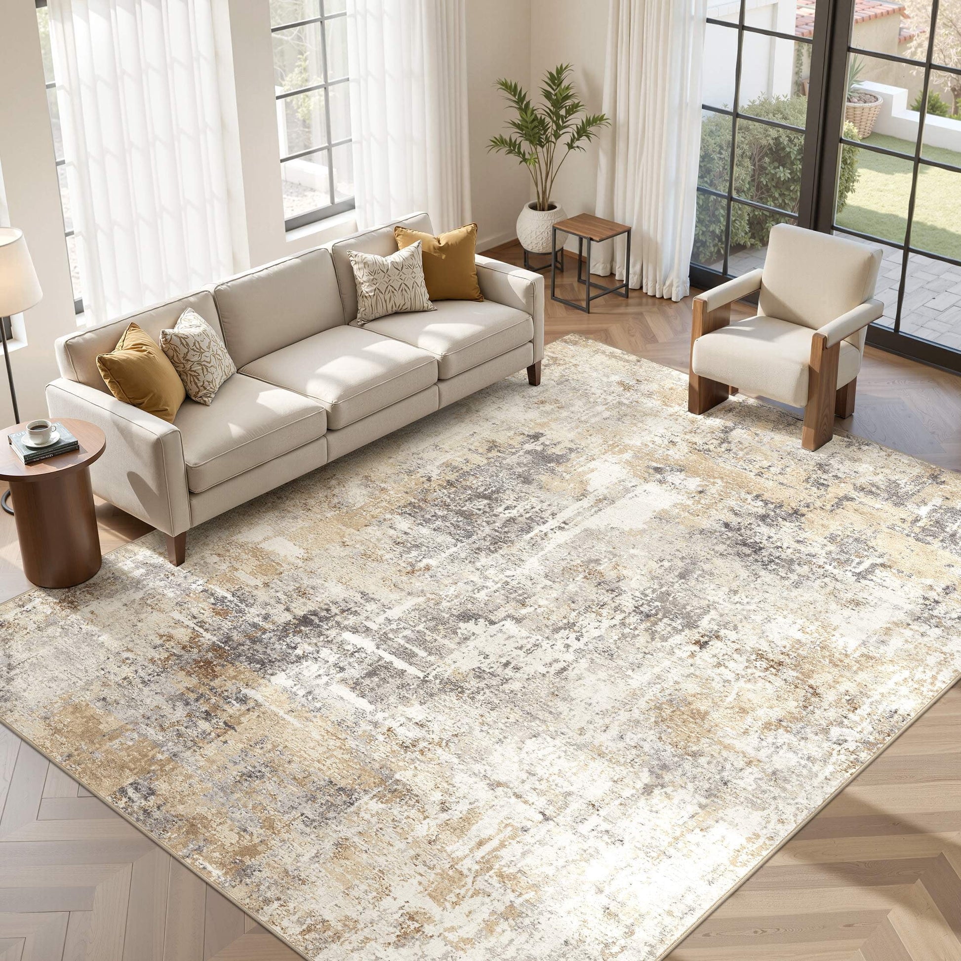 9'X12' Large Area Rugs for Living Room, Washable Non Slip Indoor Rug for Bedroom Home Decor Carpets, Modern Abstract Printed Carpet, Grey Gold