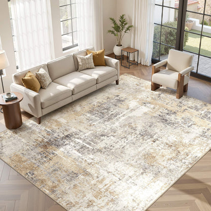 9'X12' Large Area Rugs for Living Room, Washable Non Slip Indoor Rug for Bedroom Home Decor Carpets, Modern Abstract Printed Carpet, Grey Gold