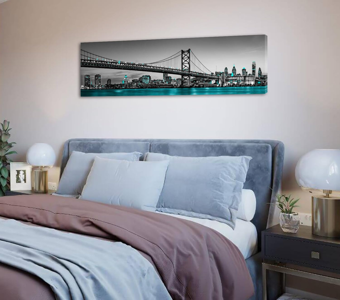Philadelphia Skyline City Canvas Wall Art Decor Framed 14"X48" Black and White Aqua Green Teal Panorama Cityscape Pictures Artwork Painting Poster for Bedroom Office Decoration Stretch