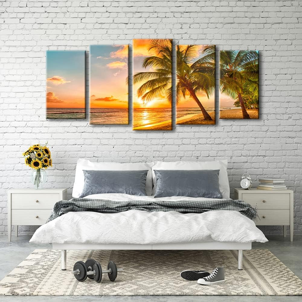Cozy Sea Extra Large Modern Ocean Sunset Sea Beach Canvas Prints Pictures Paintings on Canvas Wall Art for Home Decor 5 Panels Gallery Wrapped Tropical Scenery Seascape Giclee Artwork